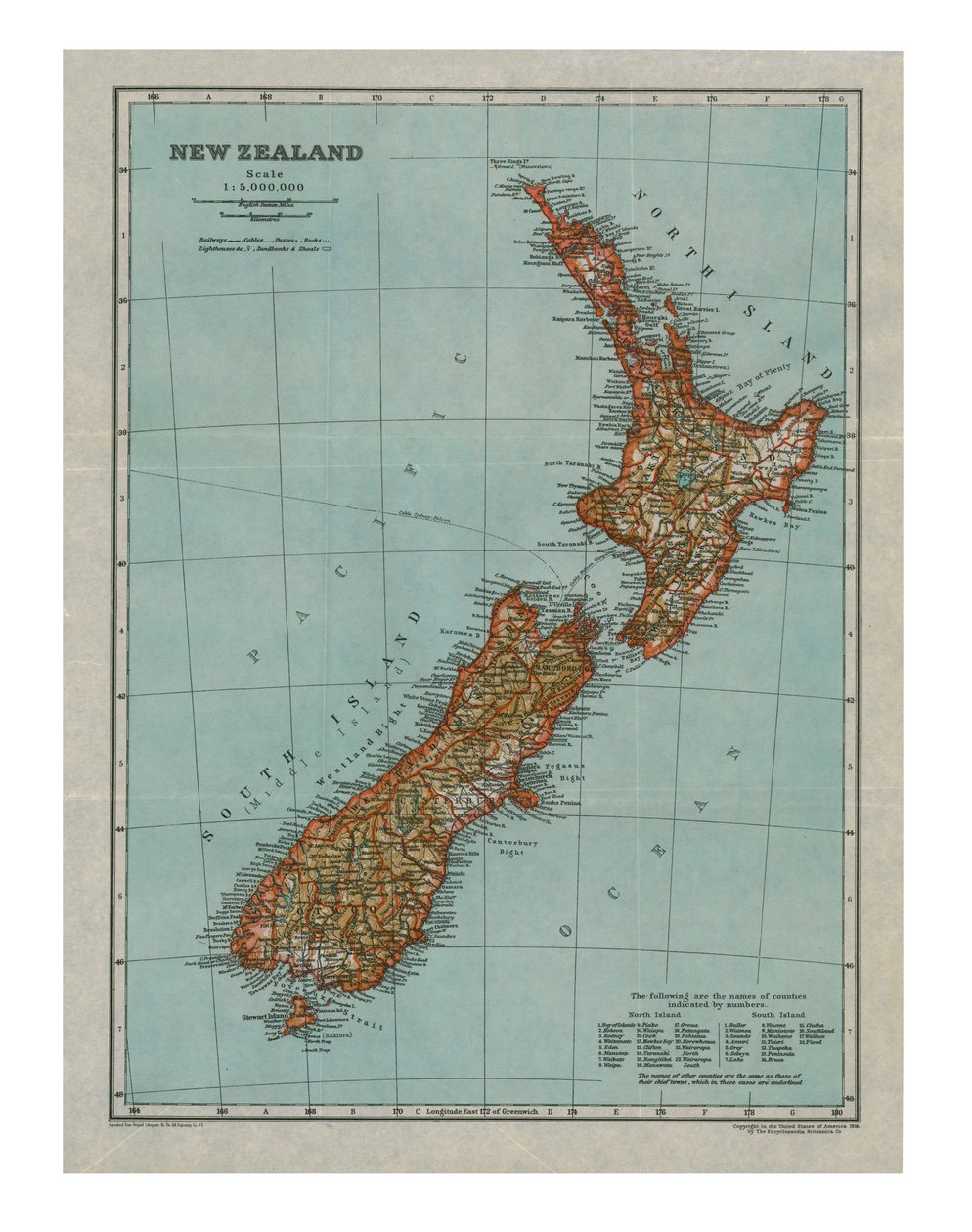 Mapa Nového Zélandu, c1910 od Gull Engraving Company