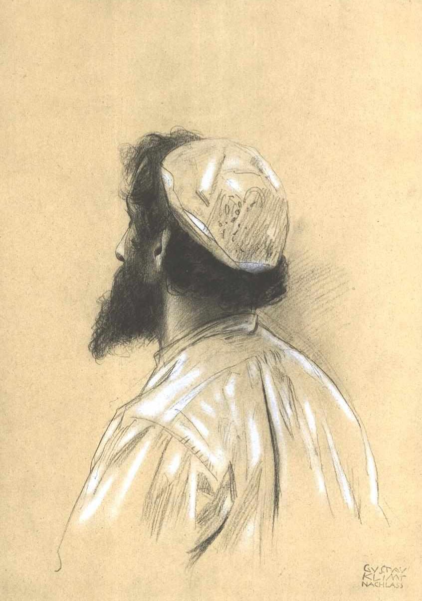 Vousatý mladší muž s čepicí ve ztraceném profilu vlevo od Gustav Klimt