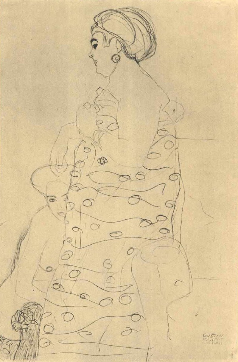 Tlustá oblečená žena a nahá u nohou od Gustav Klimt