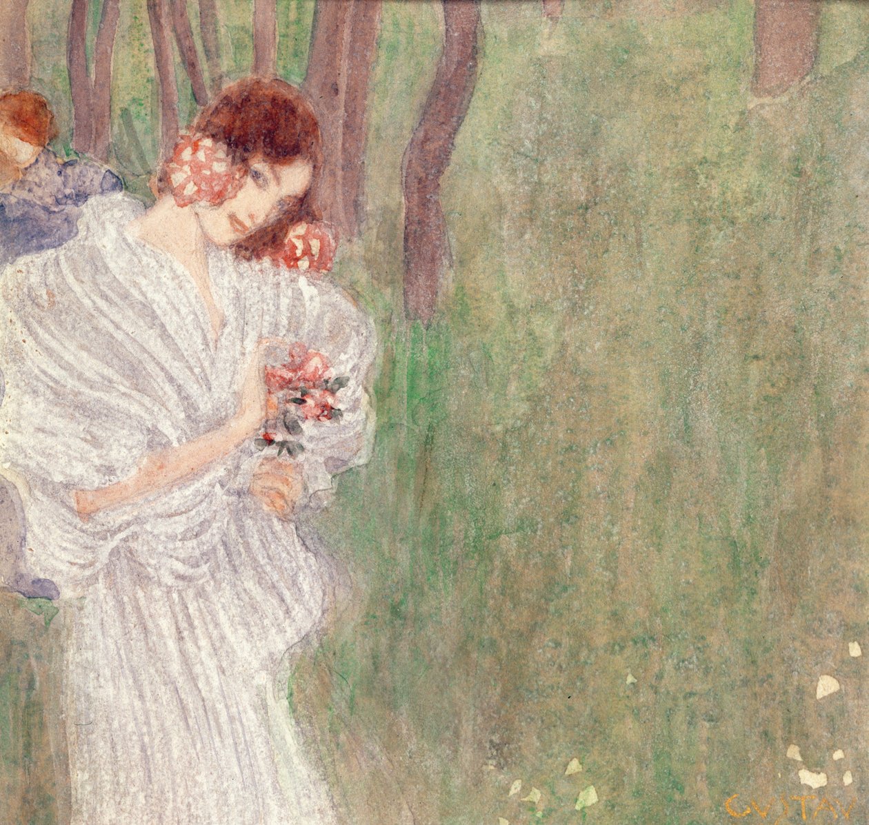 Dívka v bílých šatech stojící v lese od Gustav Klimt