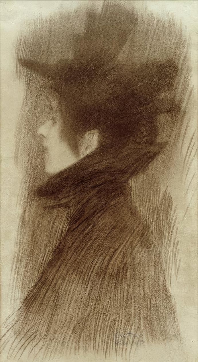 Dívka s kloboukem a pláštěm v profilu od Gustav Klimt