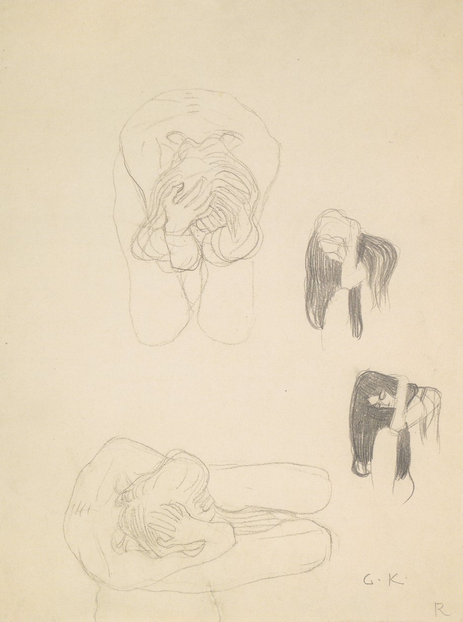 Dvě přikrčené akty a dvě profilové studie vlevo od Gustav Klimt