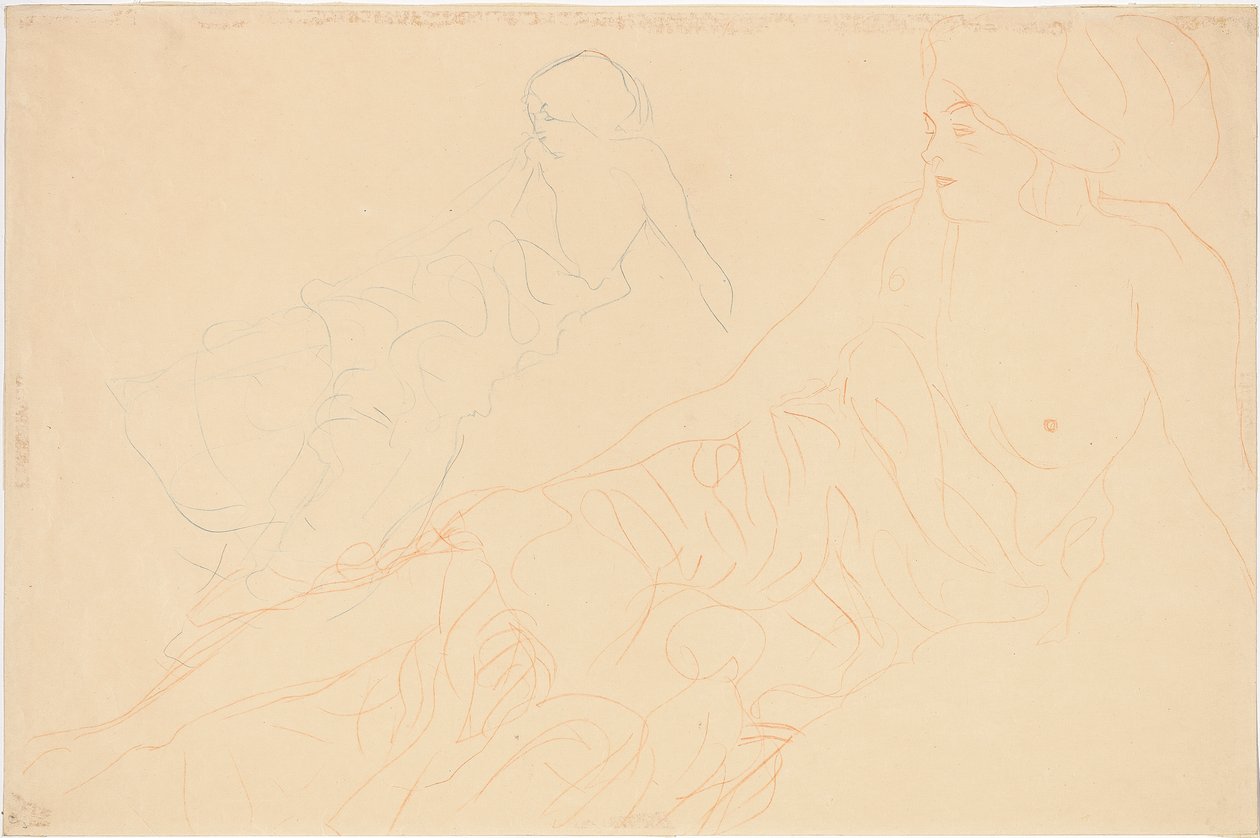 ležící akty; Žena ležící podepřená, opakování vlevo, 1913 od Gustav Klimt