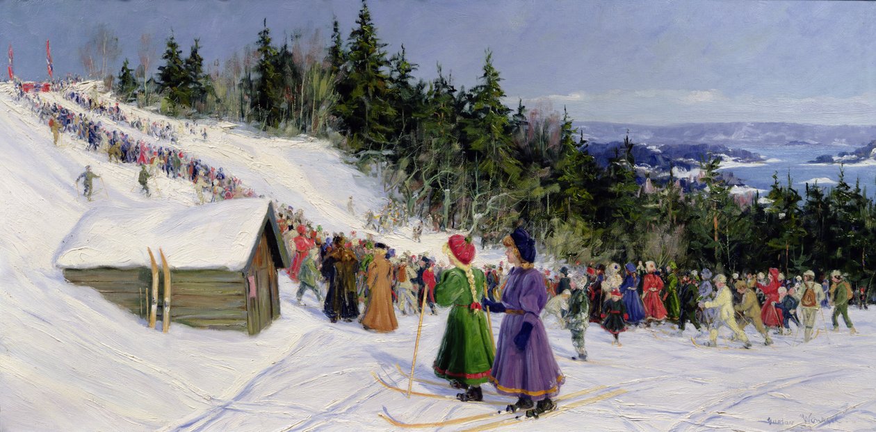Lyžařská soutěž ve Fjelkenbakken (olej na plátně) od Gustav Wentzel