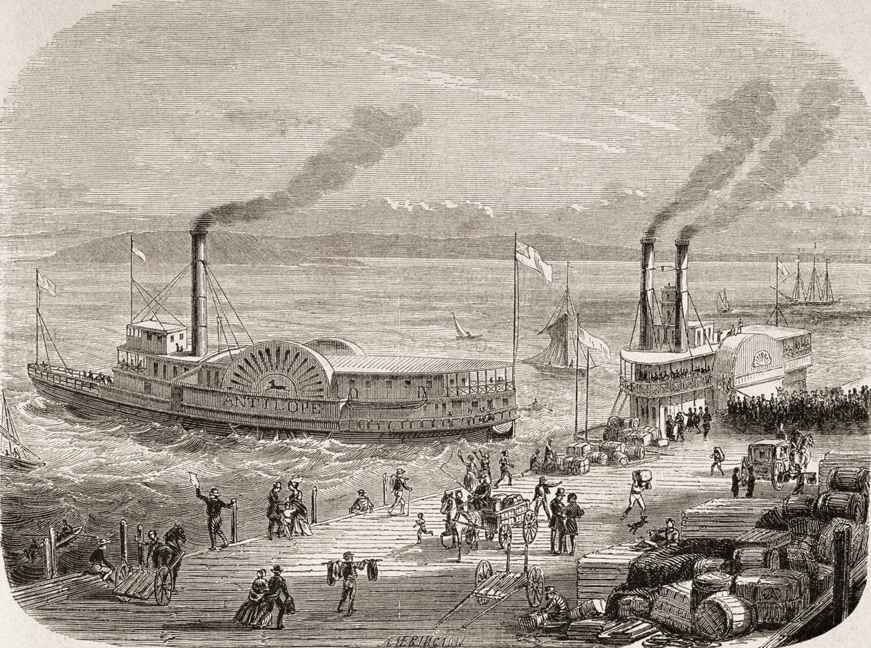 Sanfranciské doky v 60. letech 19. století od Gustave Adolphe Chassevent Bacques