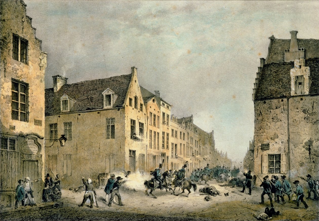 Odklon holandské divize v Porte de Flandre, Brusel, 23. září 1830, vyryl Jean Baptiste Madou (1796-1877) od Gustave Adolphe Simoneau