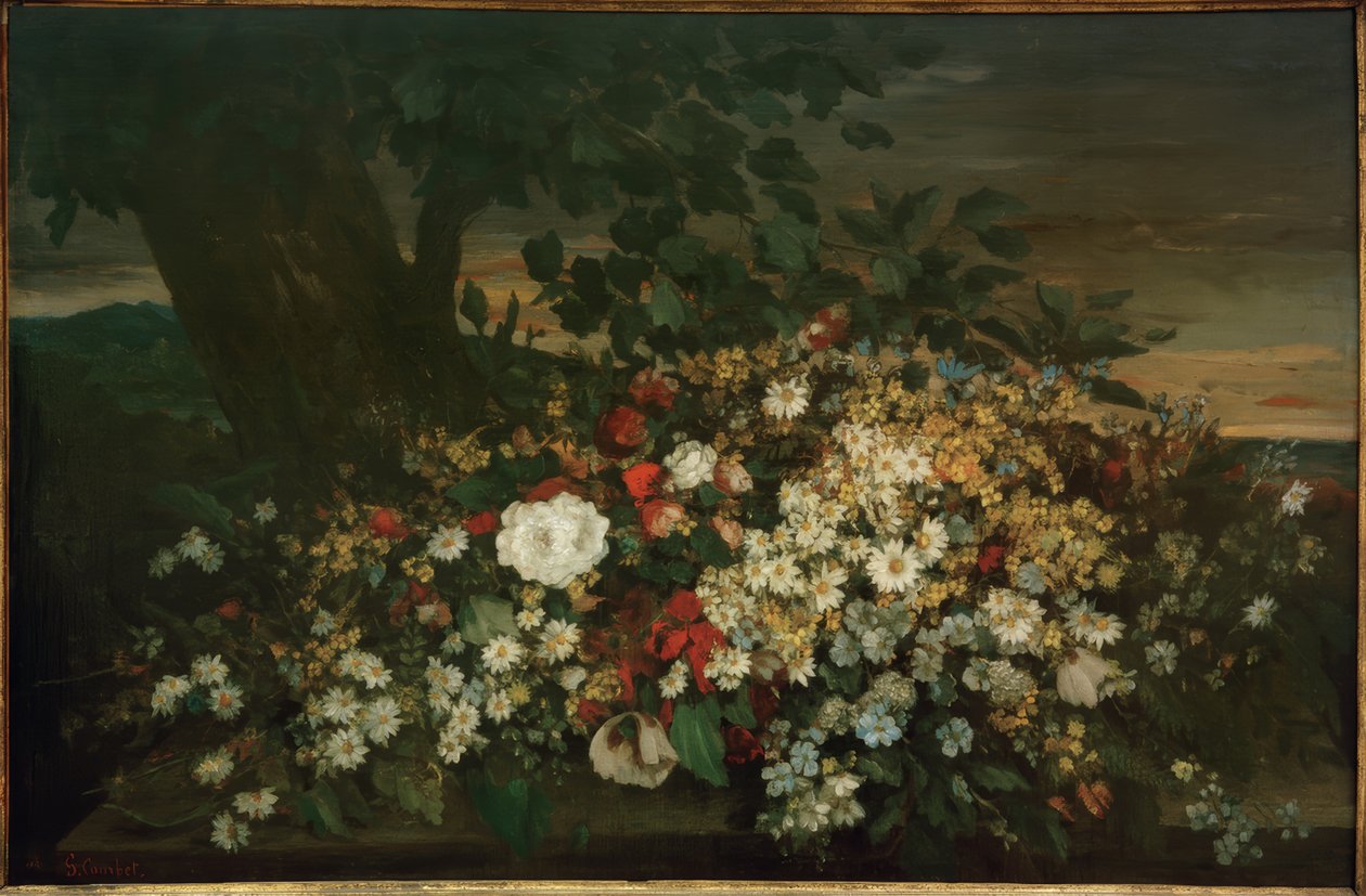Květiny na lavičce od Gustave Courbet