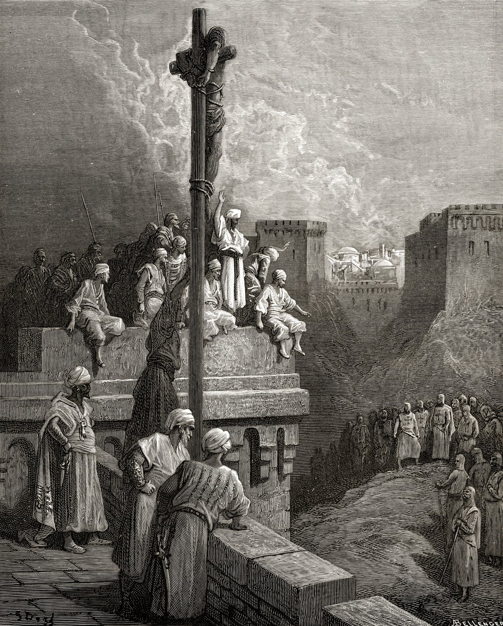 Gerard z Avesnes vystavený na zdech Arsufu, ilustrace z 