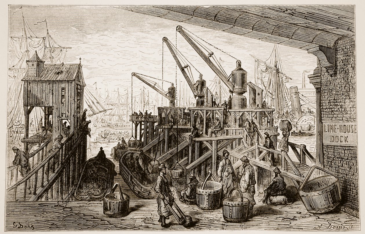 Limehouse Dock, z knihy "London, a Pilgrimage", kterou napsal William Blanchard Jerrold (1826-84) a vyryl A. Doms, 1872 od Gustave Dore