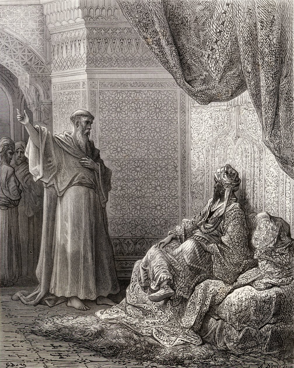 Sv. František z Assisi (1181-1226) se snaží obrátit sultána Maleka Kamela, ilustrace z 
