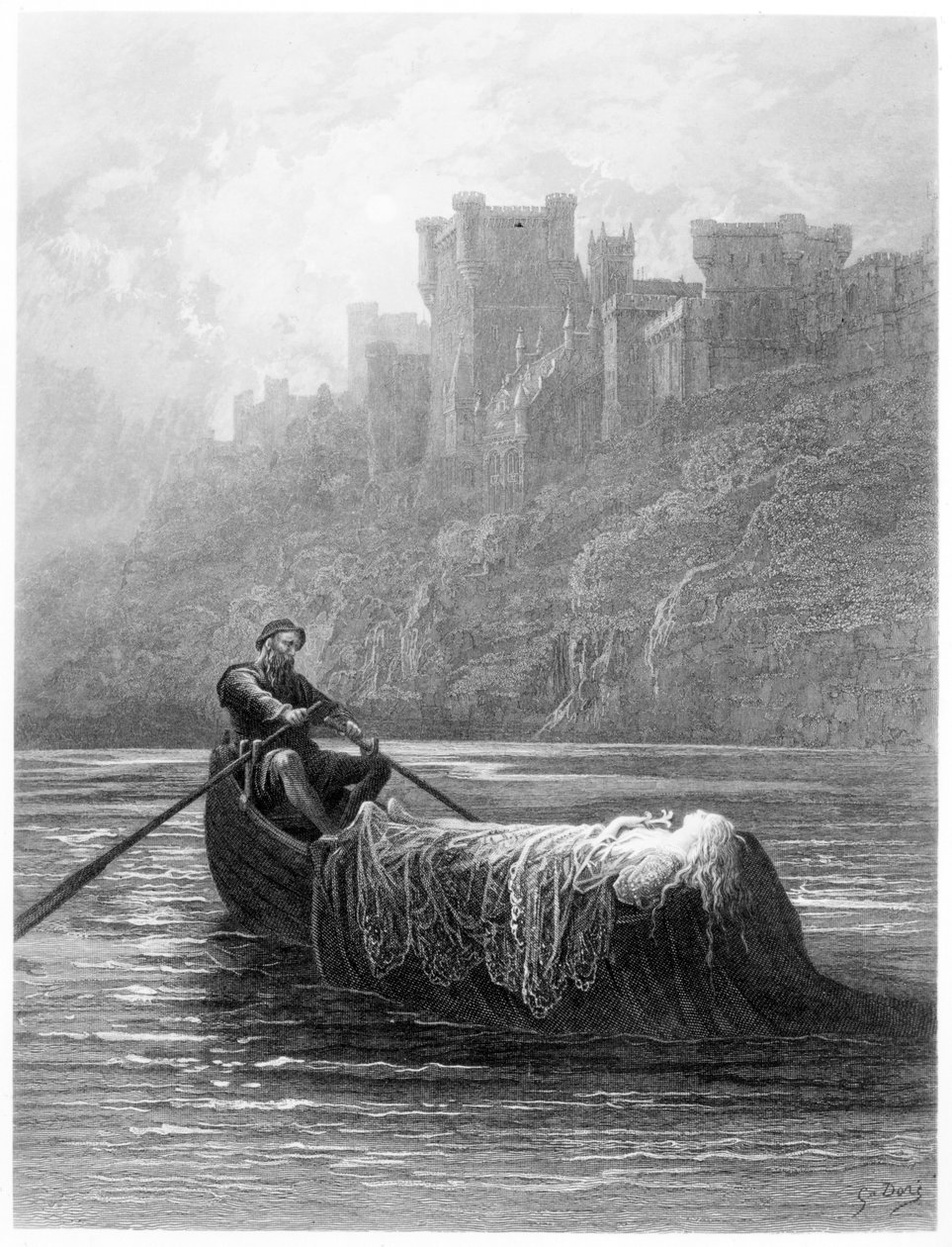 Tělo Elaine na cestě do Paláce krále Artuše, ilustrace z „Idyly krále“ od Alfreda Tennysona od Gustave Dore