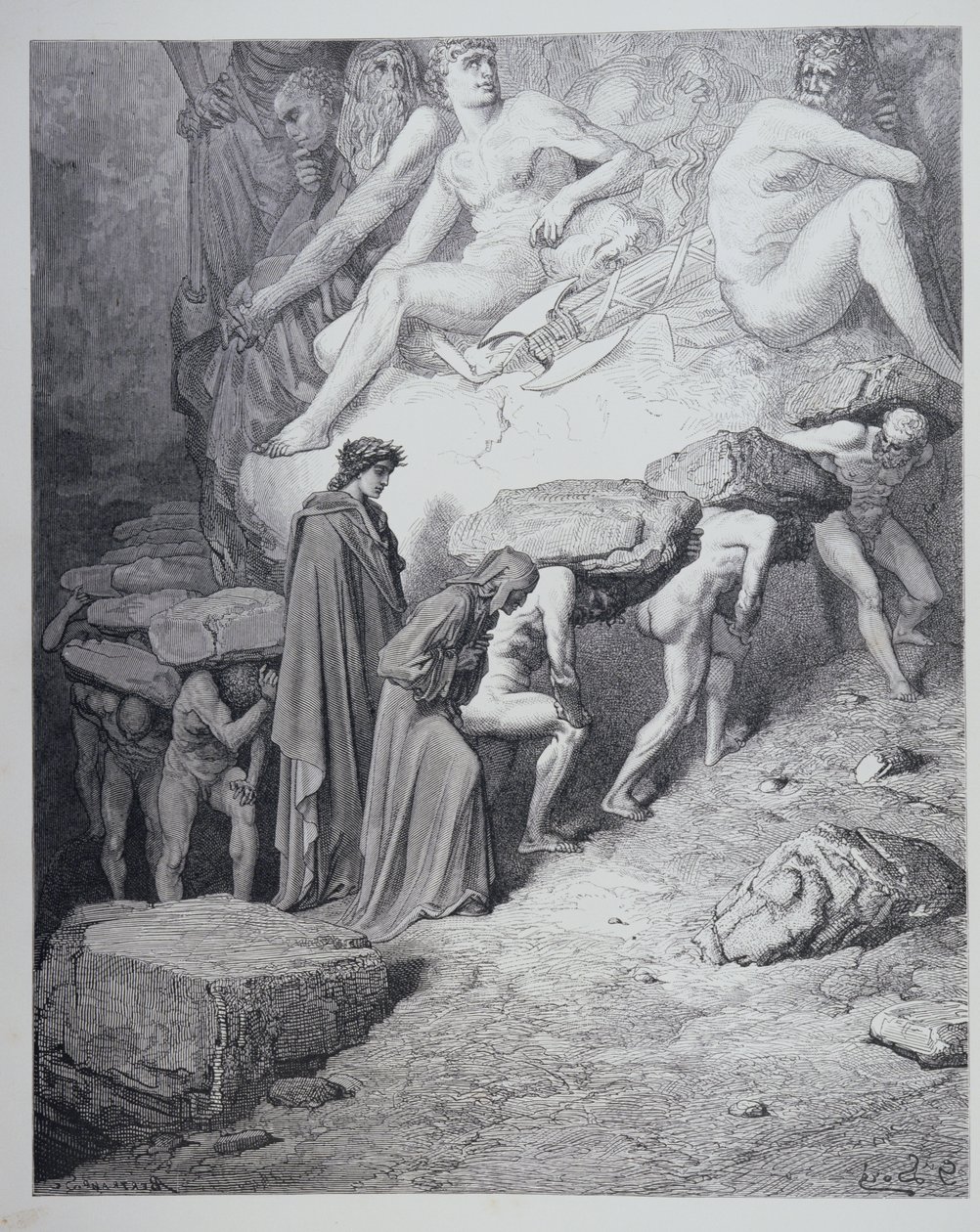 Břemeno pýchy, z „Božské komedie“ (Purgatorio) od Dante Alighieriho (1265-1321), vyryto Antoine Valerie Bertrandem (nar. 1823) kolem roku 1868 od Gustave Dore