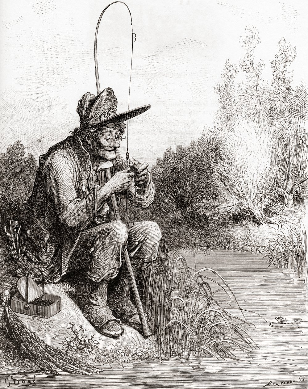 Rybář a rybička z vydání La Fontainových bajek z konce 19. století (dřevoryt) od Gustave Dore