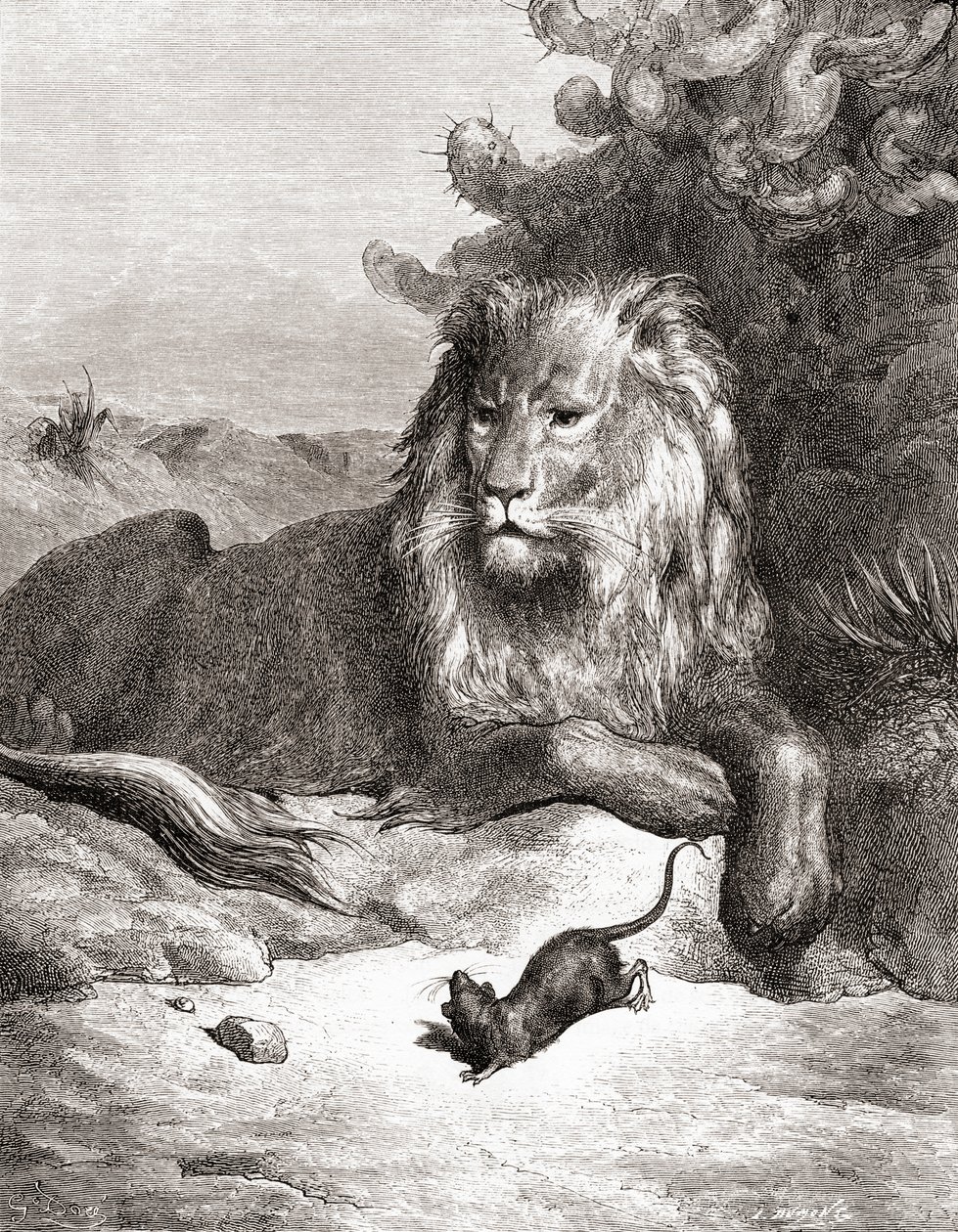 Lev a myš, z konce 19. století vydání Fables de La Fontaine (dřevorytina) od Gustave Dore
