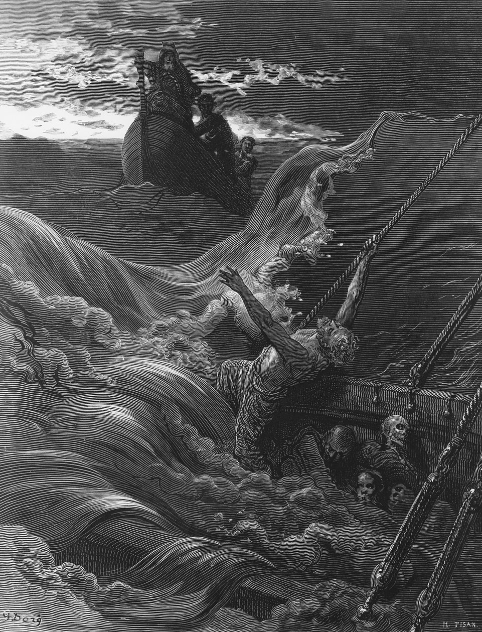 Námořník, když se jeho loď potápí, vidí člun s poustevníkem a pilotem, scéna z filmu The Rime of the Ancient Mariner od S.T. Coleridge, vydal Harper und Brothers, New York, 1876 (dřevo engra od Gustave Dore