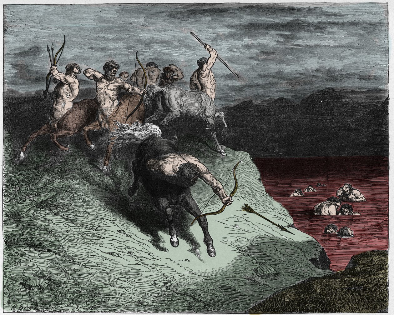 Inferno, Canto 12: Kentauři útočí na duše ve vroucí krvi, ilustrace z Božské komedie od Dante Alighieriho, 1885 (digitálně kolorovaná rytina) od Gustave after Dore