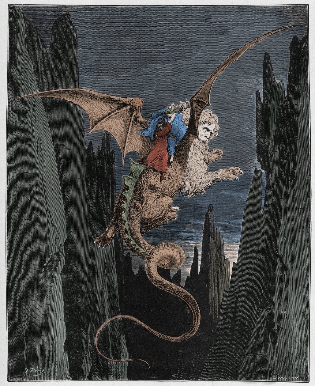 Inferno, Canto 17: Sestup do propasti na zádech Geryons, ilustrace z Božské komedie od Dante Alighieriho, 1885 (digitálně kolorovaná rytina) od Gustave after Dore