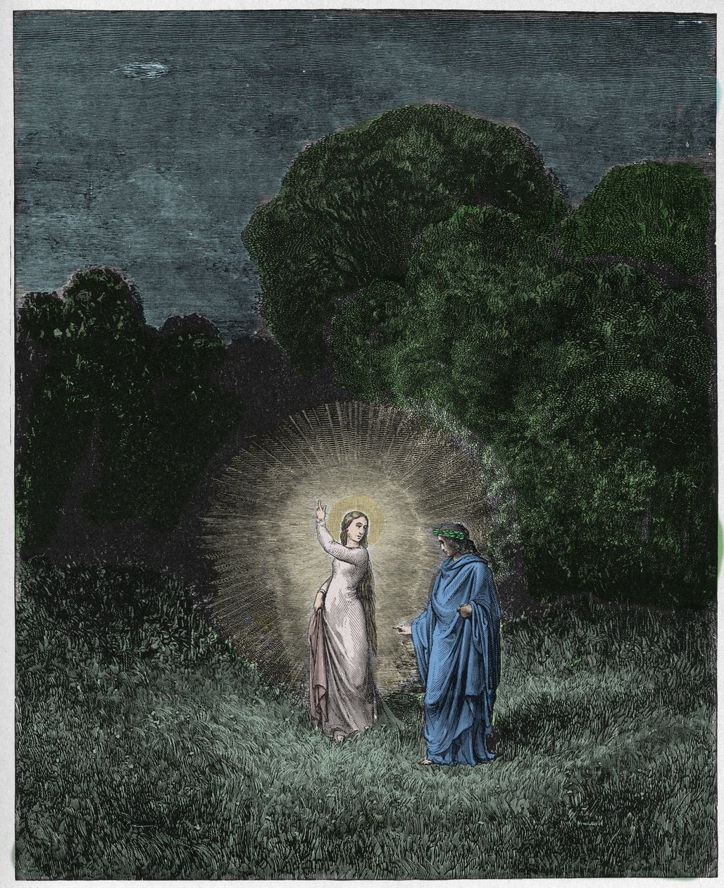 Inferno, Canto 2: Beatrice a Virgil, ilustrace z Božské komedie od Dante Alighieriho, 1885 (digitálně kolorovaná rytina) od Gustave after Dore