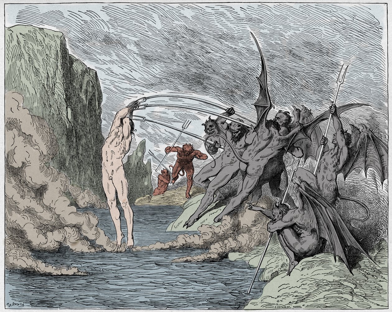 Inferno, Canto 21: Ďáblové mučí barrátory, ilustrace z Božské komedie od Dante Alighieriho, 1885 (digitálně kolorovaná rytina) od Gustave after Dore