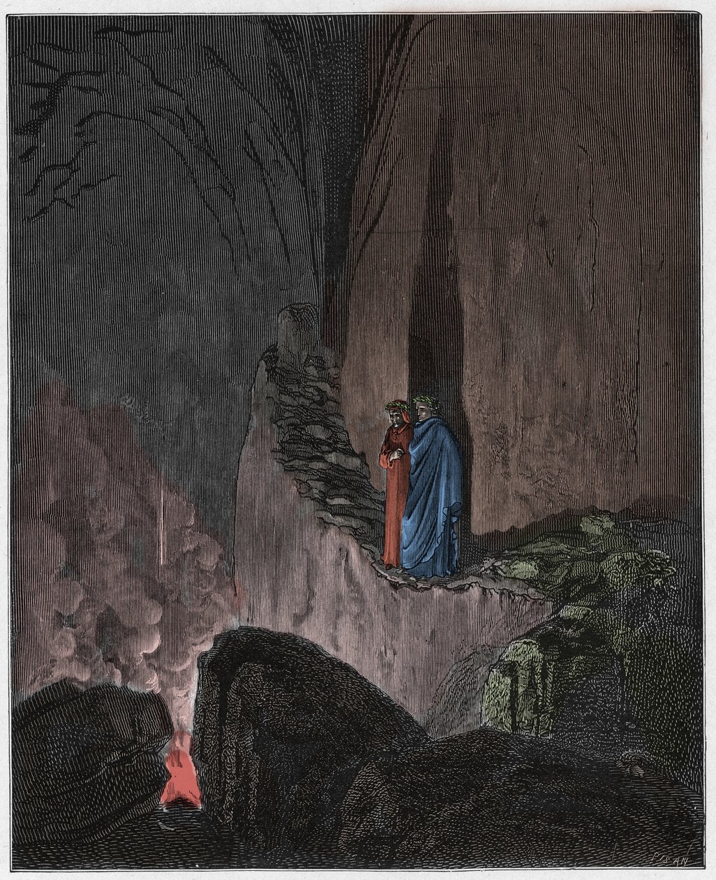 Inferno, Canto 26: Planoucí duchové Odyssea a Diomeda (Diomede), ilustrace z Božské komedie od Dante Alighieriho, 1885 (digitálně kolorovaná rytina) od Gustave after Dore