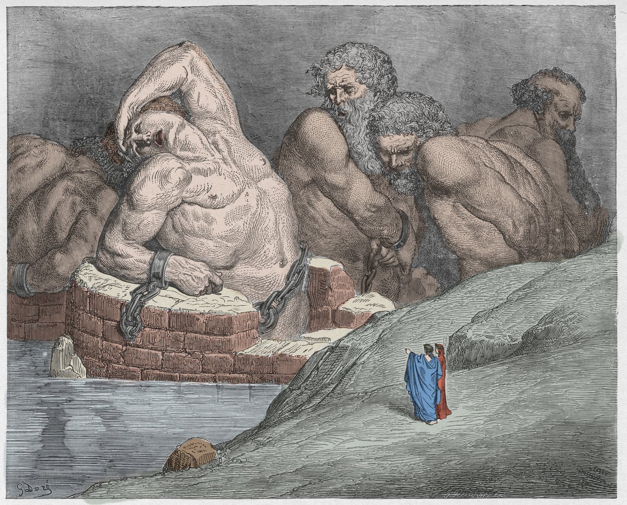 Inferno, Canto 31: Ephialtes (Ephialte) v poutech mezi obry, ilustrace z Božské komedie od Dante Alighieriho, 1885 (digitálně kolorovaná rytina) od Gustave after Dore