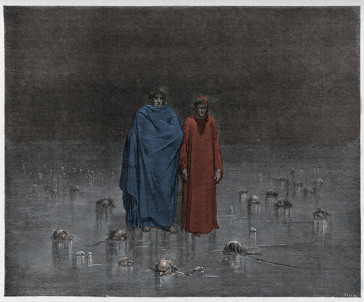 Inferno, Canto 32: Zrádci zmrzlí v ledu Cocytus (Cocyte), ilustrace z Božské komedie od Dante Alighieriho, 1885 od Gustave after Dore