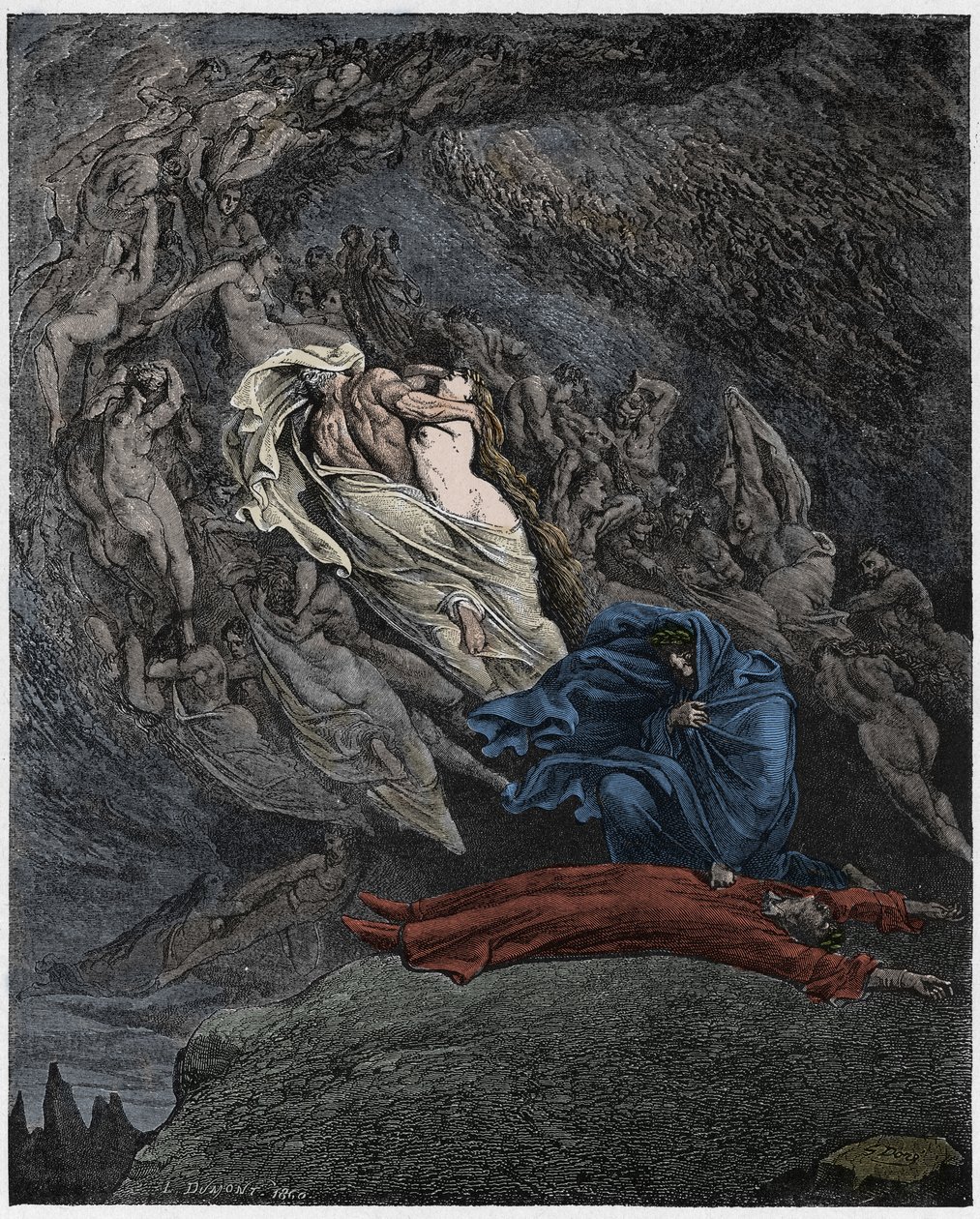 Inferno, Canto 5 : Francesca da Rimini popisuje svou smrt, ilustrace z Božské komedie Dante Alighieriho, 1885 (digitálně kolorovaná rytina) od Gustave after Dore