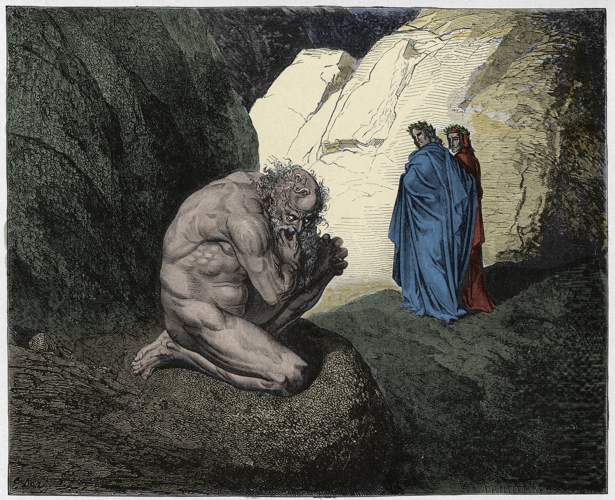 Inferno, Canto 7: Vergilius kárá Pluta (Ploutos) u vchodu do čtvrtého kruhu, ilustrace z Božské komedie od Dante Alighieriho, 1885 (digitálně kolorovaná rytina) od Gustave after Dore