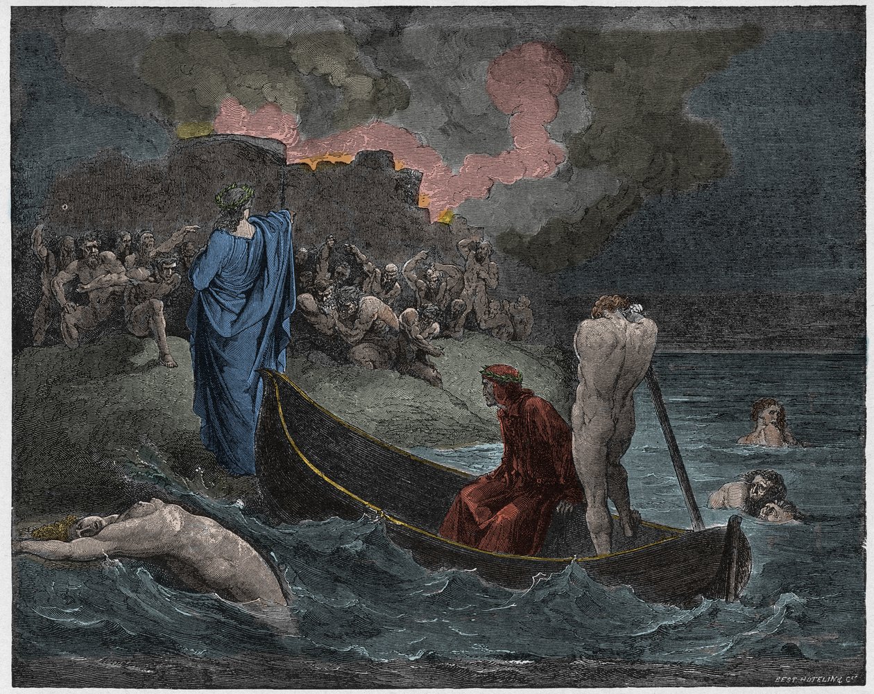 Inferno, Canto 8: Virgil a Dante se vylodí v citadele Dis (Dite), ilustrace z Božské komedie od Dante Alighieriho, 1885 (digitálně kolorovaná rytina) od Gustave after Dore