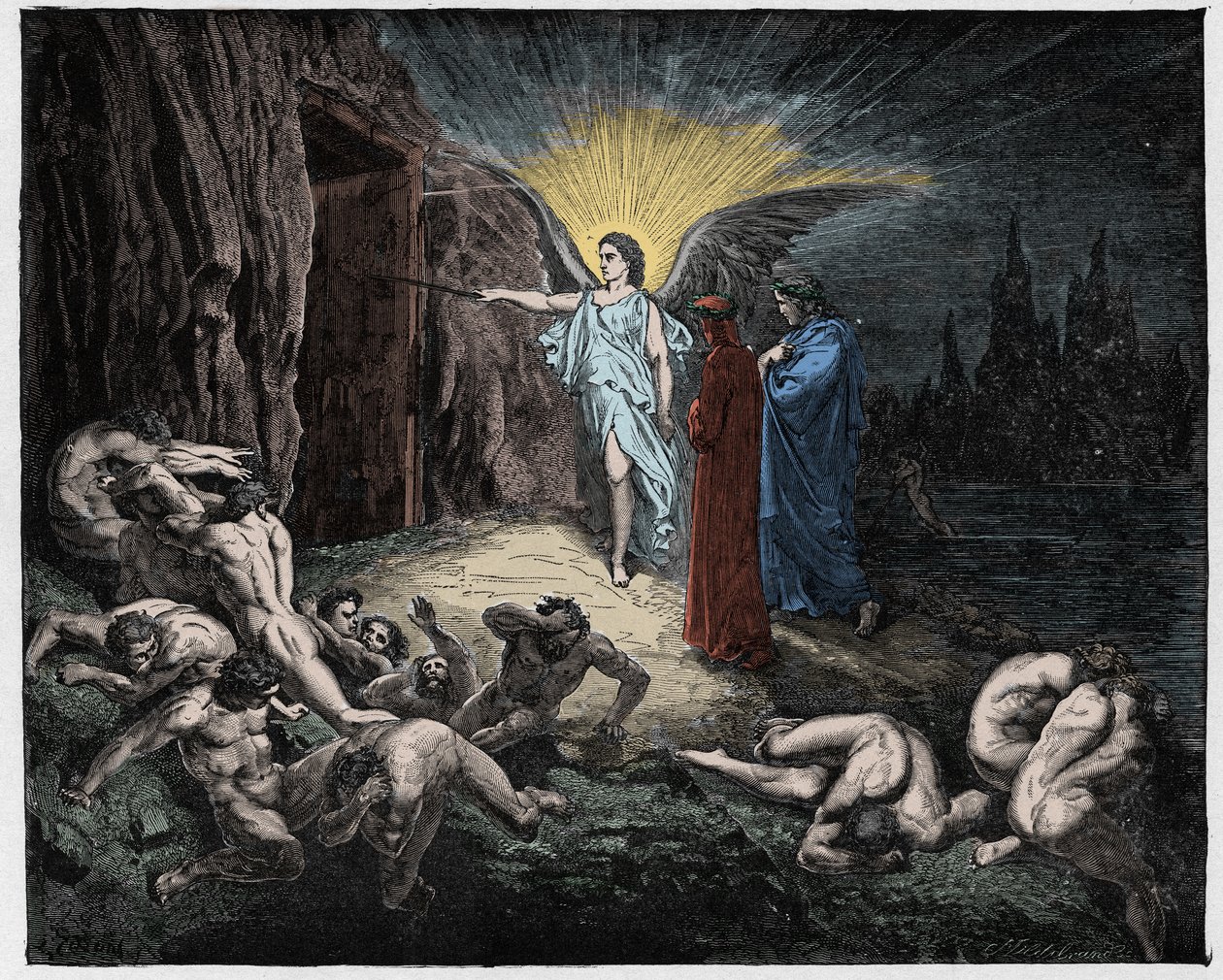Inferno, Canto 9: Anděl otevírá brány, ilustrace z Božské komedie od Dante Alighieriho, 1885 (digitálně kolorovaná rytina) od Gustave after Dore