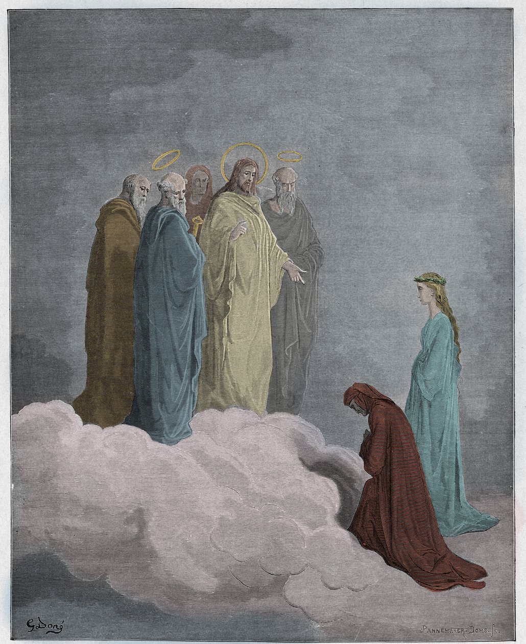 Paradiso, Canto 26: St John zkoumá Danta ohledně lásky, ilustrace z Božské komedie od Dante Alighieriho, 1885 (digitálně kolorovaná rytina) od Gustave after Dore