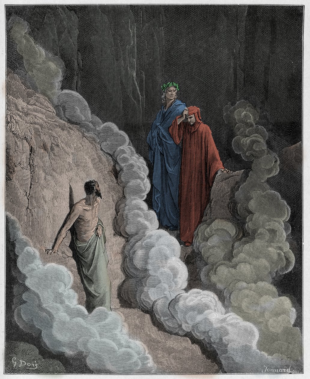 Purgatorio, Canto 16: Dante promlouvá k duši Marca Lombarda, ilustrace z Božské komedie od Dante Alighieriho, 1885 (digitálně kolorovaná rytina) od Gustave after Dore