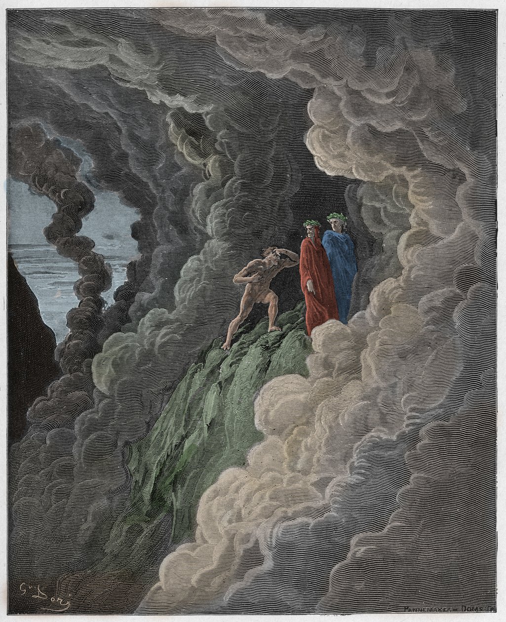 Purgatorio, Canto 16: Marco Lombardo následuje básníky kouřem, ilustrace z Božské komedie od Dante Alighieriho, 1885 (digitálně kolorovaná rytina) od Gustave after Dore