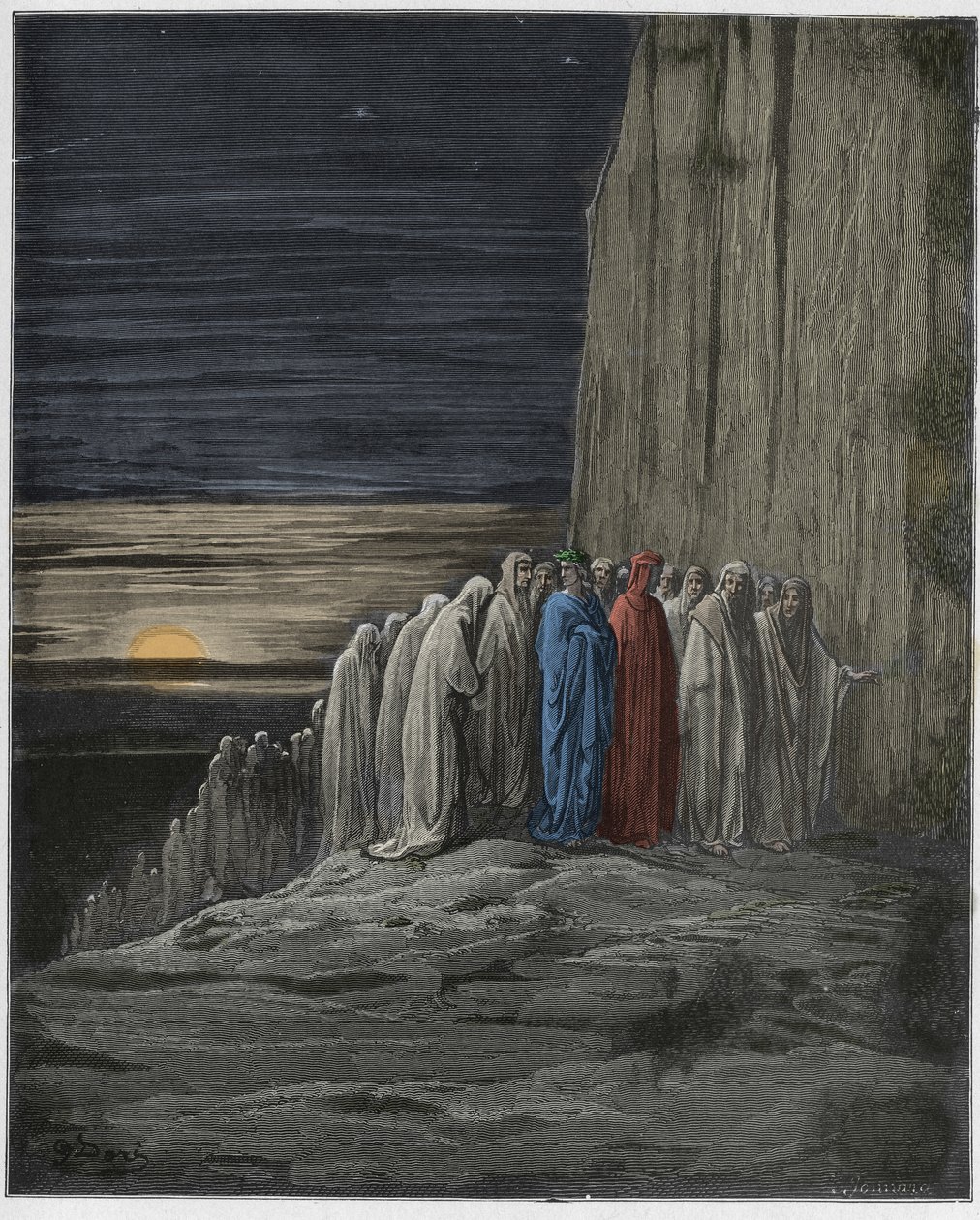Purgatorio, Canto 18: Mnoho lenosti, ilustrace z Božské komedie od Dante Alighieriho, 1885 (digitálně kolorovaná rytina) od Gustave after Dore