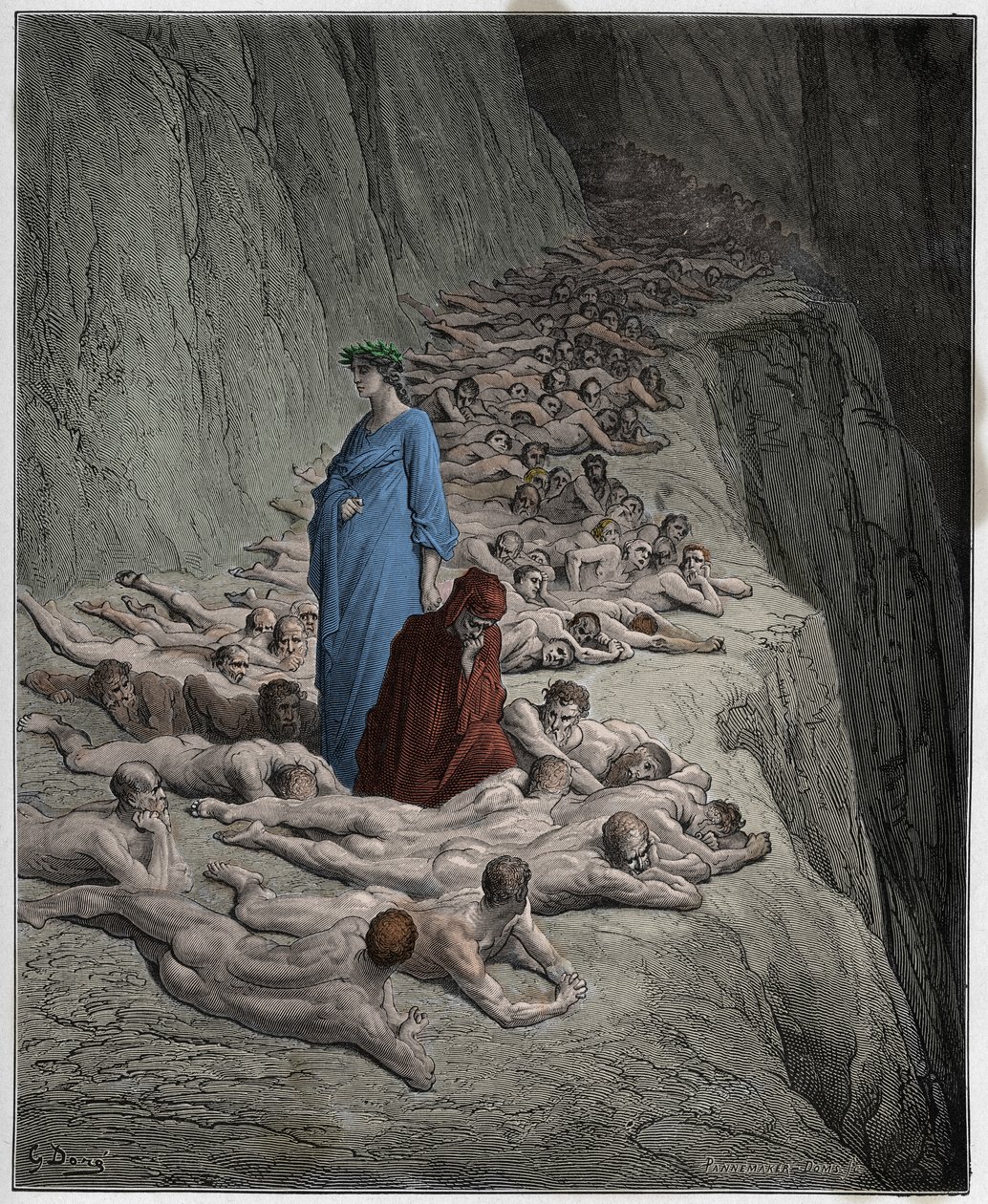 Purgatorio, Canto 19 : Duše lakomců: Adrian V. (papež Adrien V.) promlouvá k Dantovi, ilustrace z Božské komedie Danta Alighieriho, 1885 (digitálně kolorovaná rytina) od Gustave after Dore