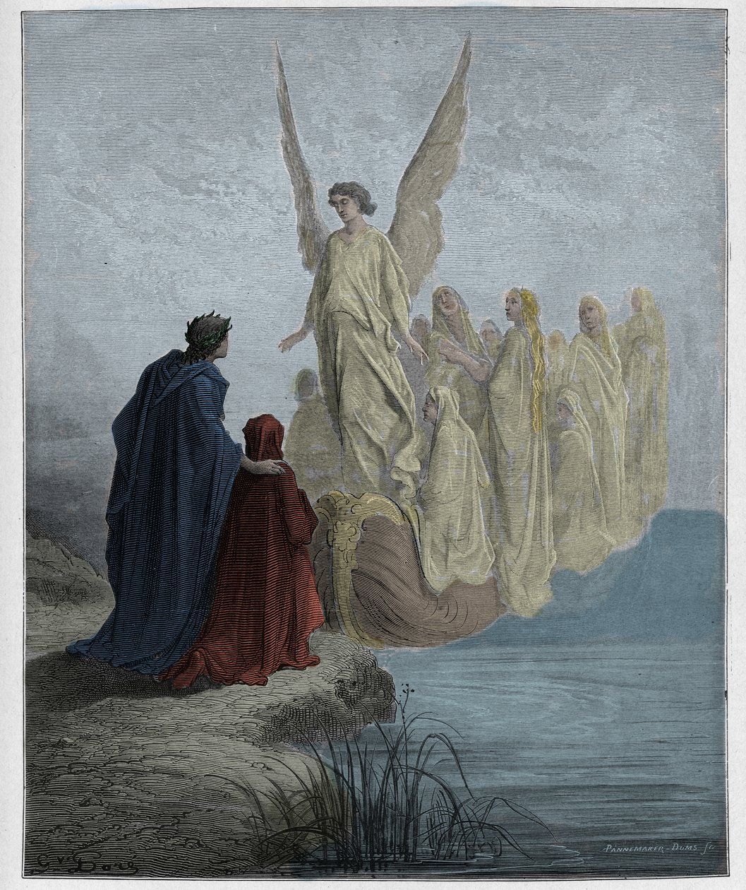 Purgatorio, Canto 2: Nebeský pilot přistává na člunu, ilustrace z Božské komedie od Dante Alighieriho, 1885 (digitálně kolorovaná rytina) od Gustave after Dore