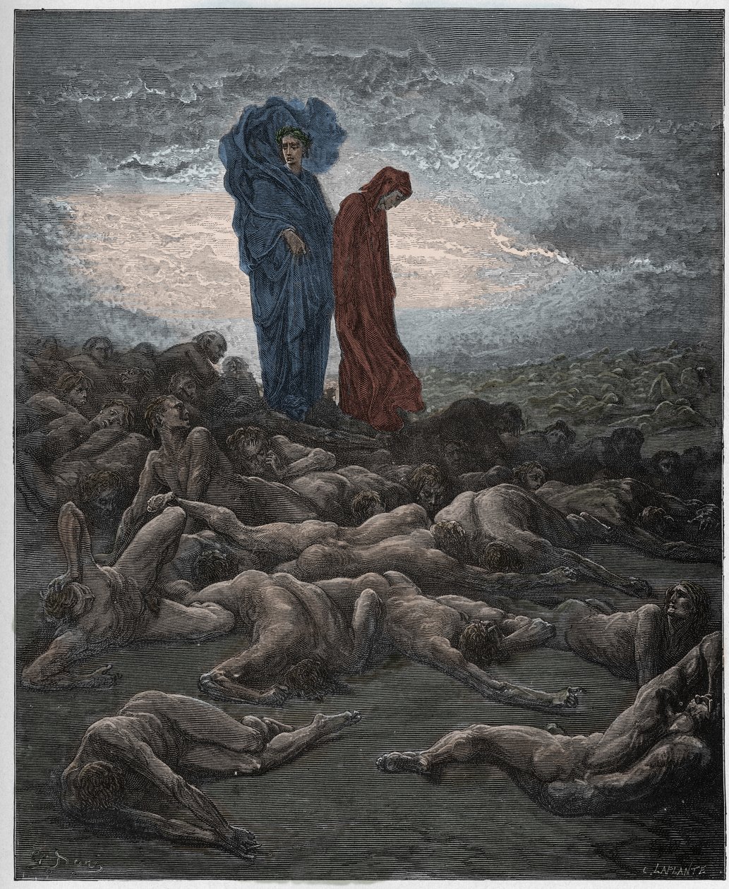 Purgatorio, Canto 20: Duše lakomých, ilustrace z Božské komedie od Dante Alighieriho, 1885 (digitálně kolorovaná rytina) od Gustave after Dore