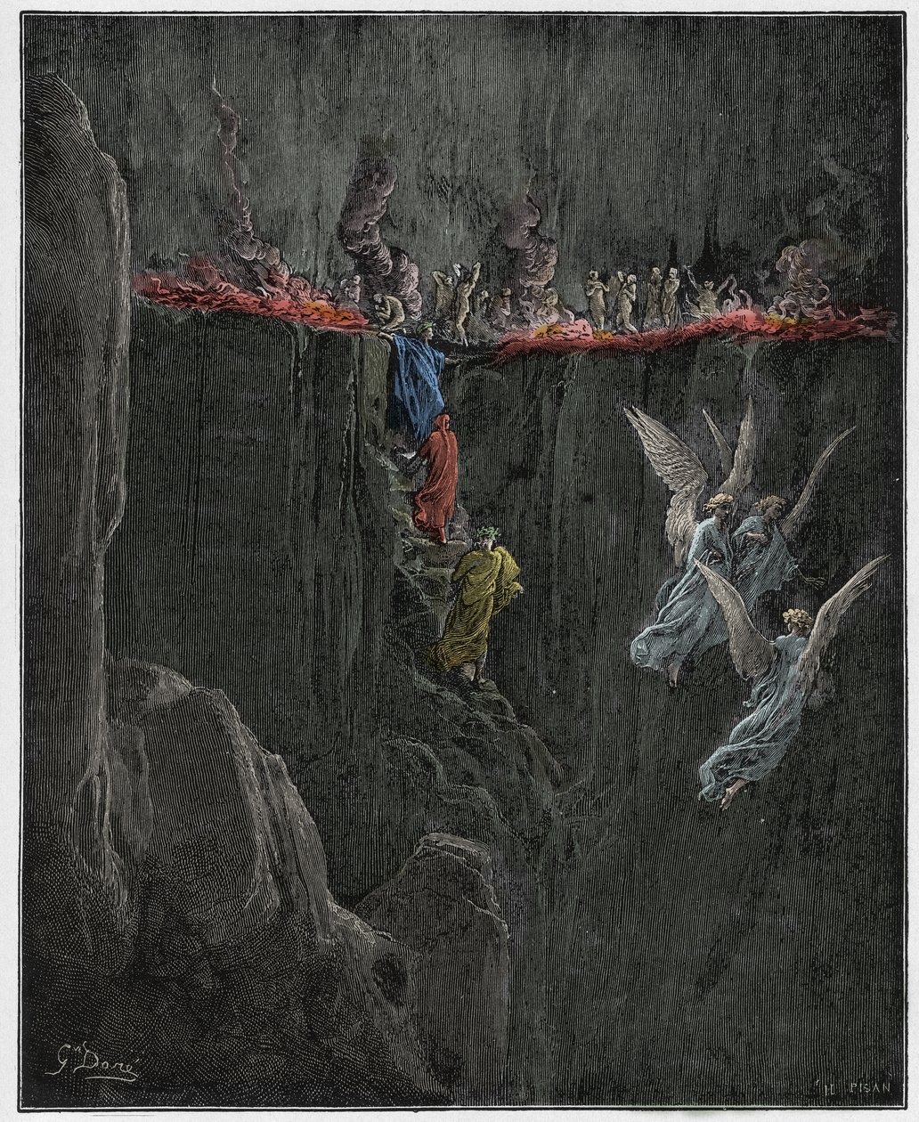 Purgatorio, Canto 25: Virgil a Dante stoupají do sedmého kruhu skrze plameny, ilustrace z Božské komedie od Dante Alighieriho, 1885 (digitálně kolorovaná rytina) od Gustave after Dore