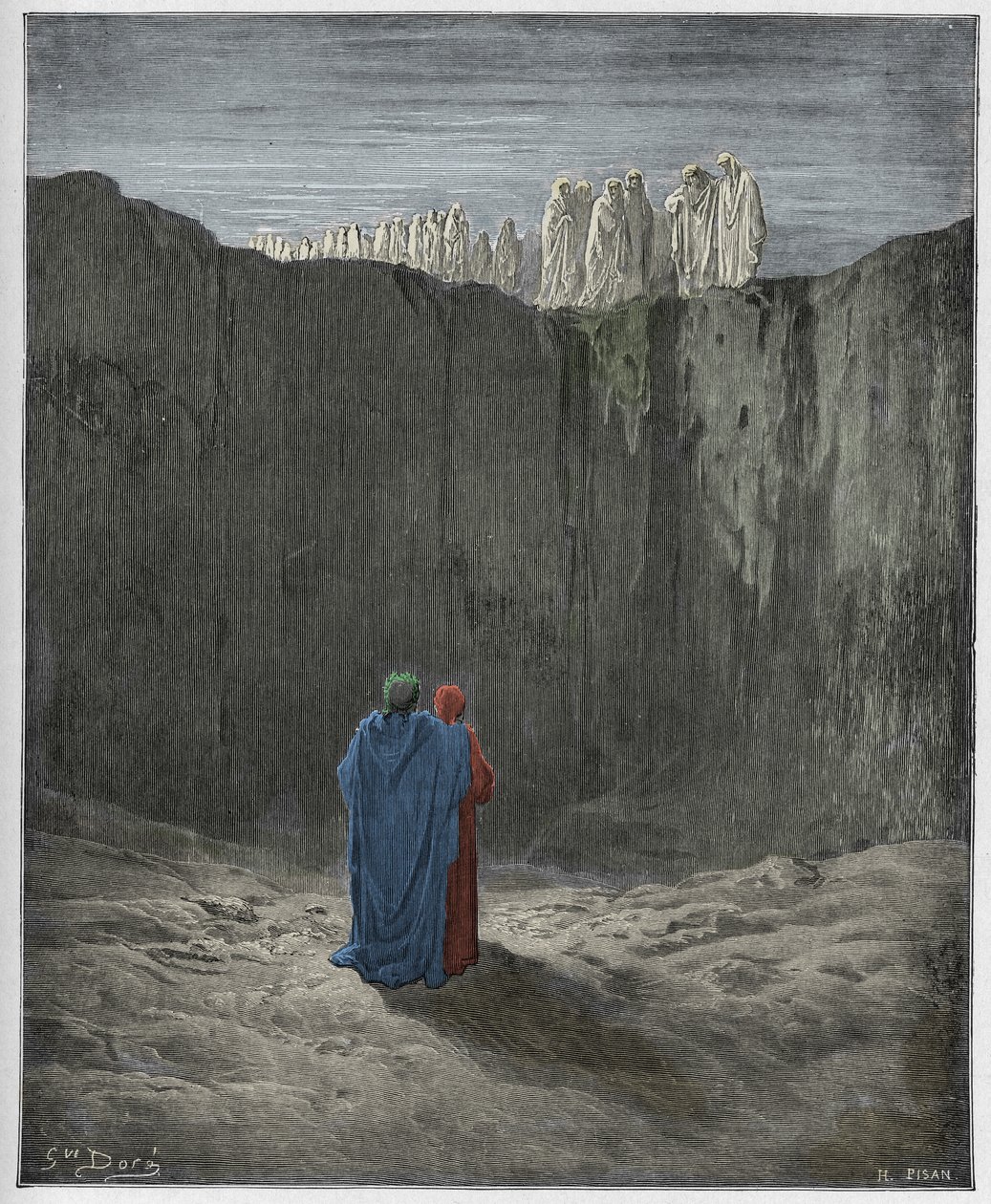 Purgatorio, Canto 3: Společnost duší na útesu, ilustrace z Božské komedie od Dante Alighieriho, 1885 (digitálně kolorovaná rytina) od Gustave after Dore
