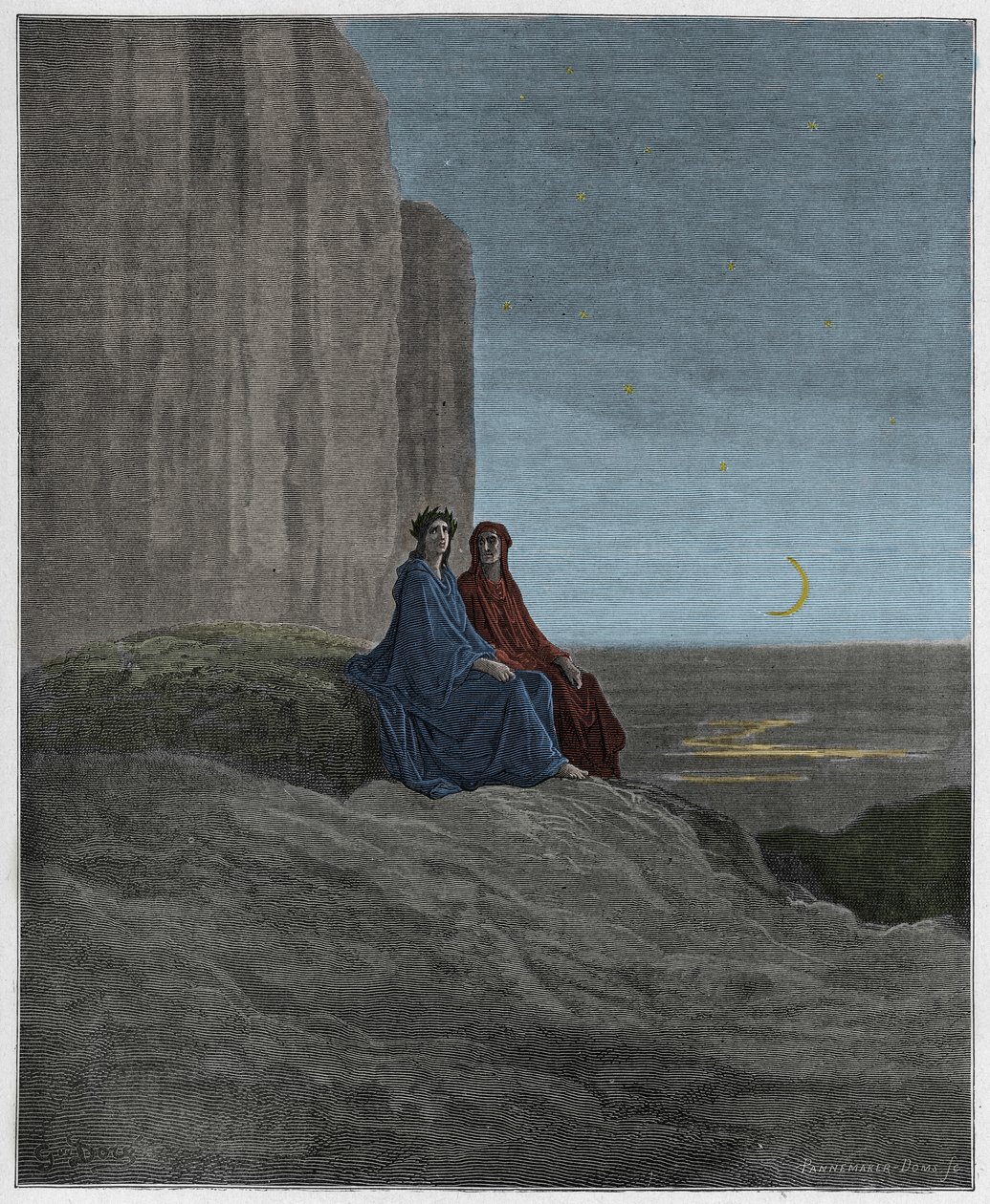Purgatorio, Canto 9: Twilight, ilustrace z Božské komedie od Dante Alighieriho, 1885 (digitálně kolorovaná rytina) od Gustave after Dore