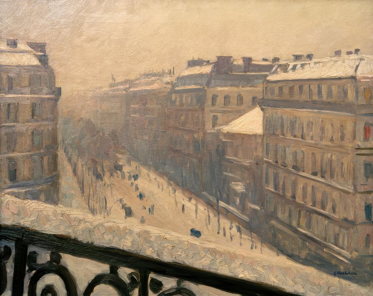 Boulevard Haussmann, sněhový efekt od Gustave Caillebotte