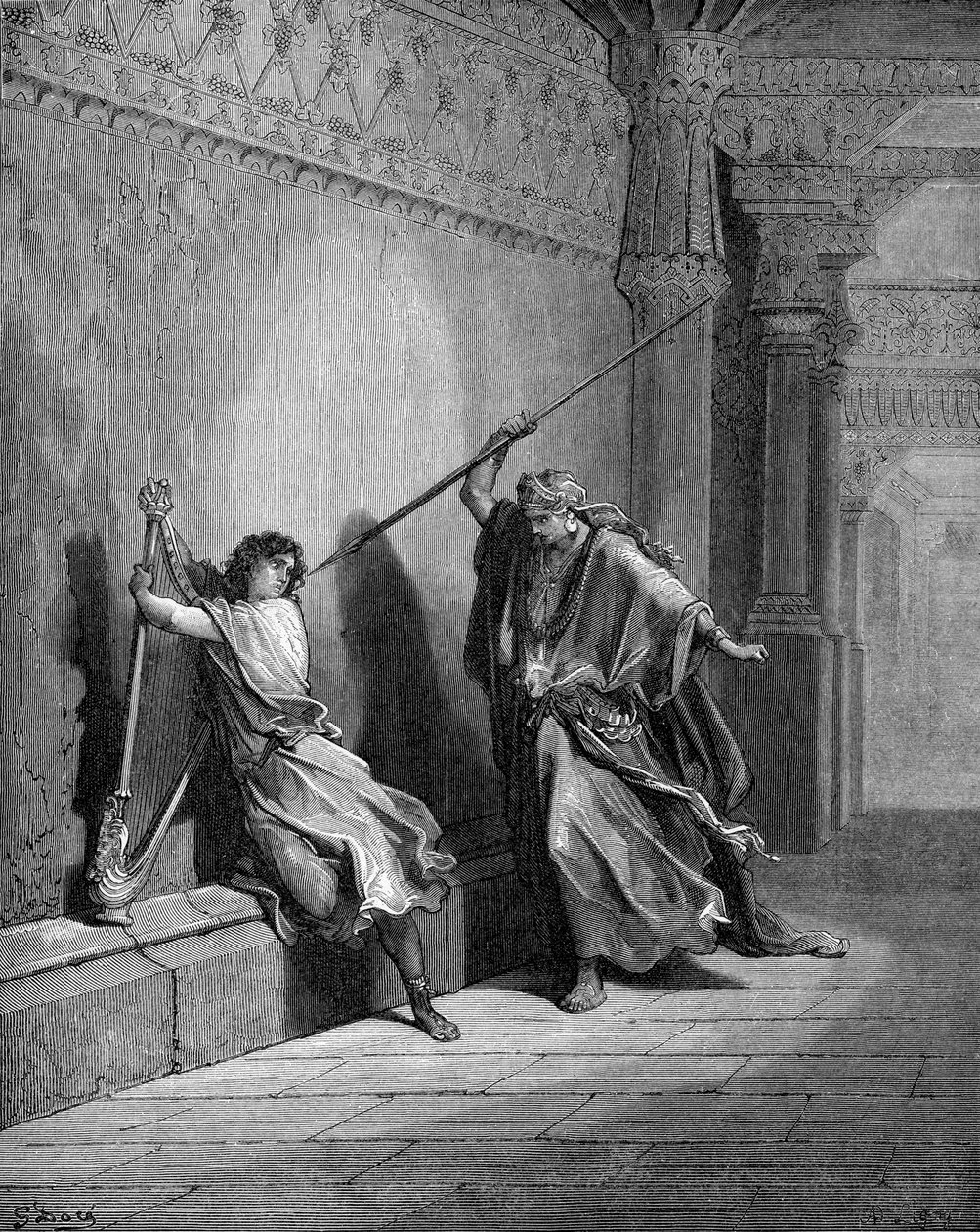 Saul se pokouší zabít Davida od Gustave Dore