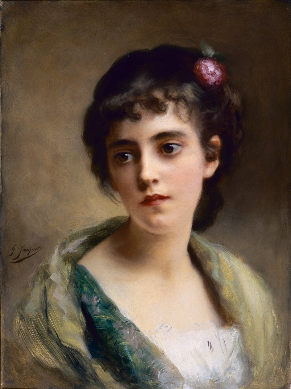 Hlava dívky (olej na panelu) od Gustave Jacquet