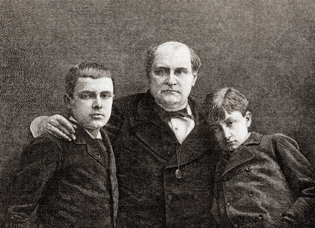 Princ Napoleon Bonaparte se svými dvěma syny Victorem a Louisem, z The Century Illustrated Monthly Magazine, vydaný 1884 (dřevoryt) od H. Velten