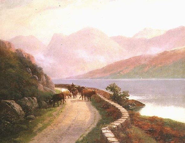 Drover s krávami u jezera Buttermere, večer od H.R. Hall