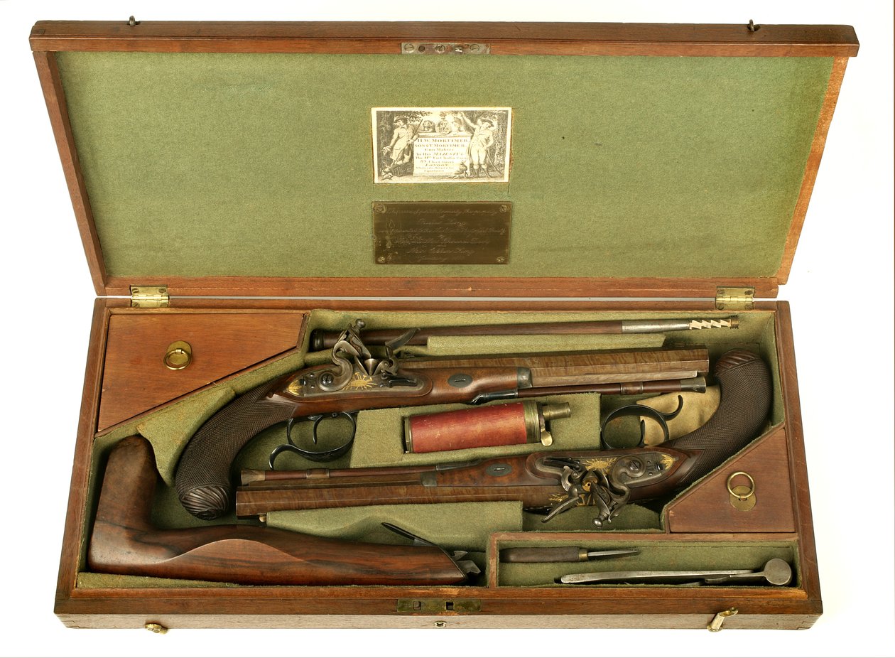 Pár Flintlockových soubojových pistolí s pouzdrem a příslušenstvím, cca 1780-1800 (kombinovaná média) od H.W. Mortimer and Sons