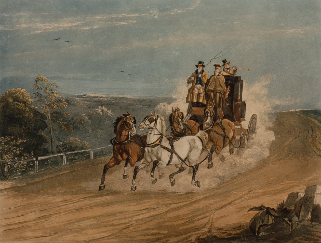 The Mail Coach behind Time (barevná rytina) od H. Walker
