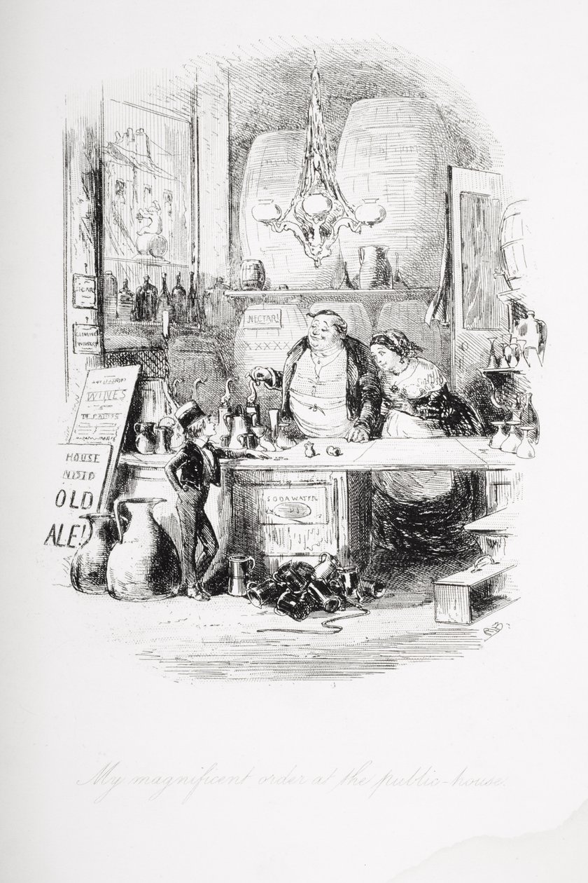 Velkolepá objednávka ve veřejném domě, ilustrace z „Davida Copperfielda“ od Charlese Dickense (1812-70), poprvé publikovaná v roce 1850 od Hablot Knight Browne