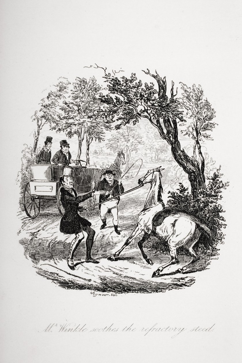 Pan Winkle uklidňuje žáruvzdorného oře, ilustrace z „The Pickwick Papers“ od Charlese Dickense (1812-70) vydané v roce 1837 od Hablot Knight Browne