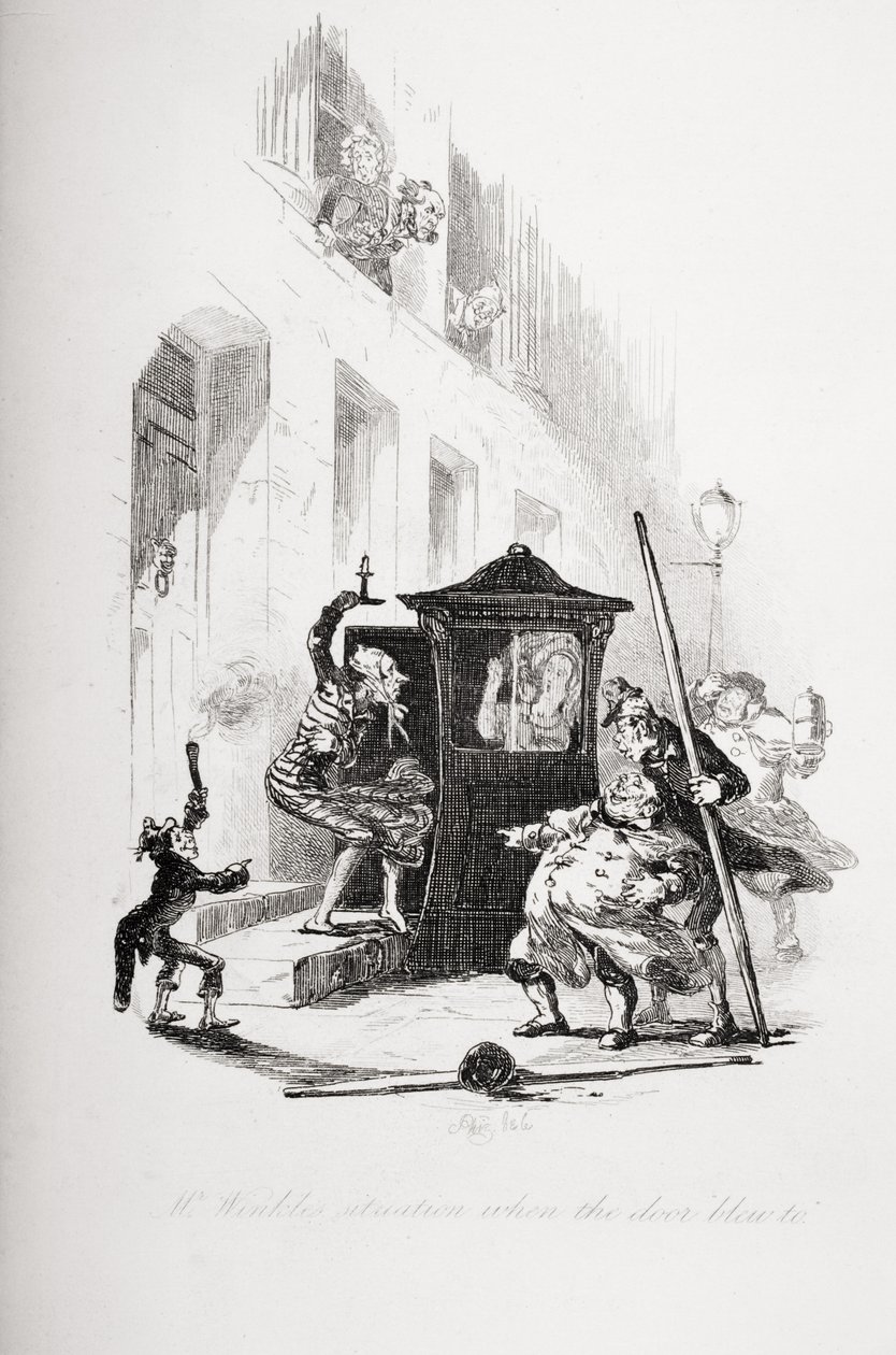 Situace pana Winkla, když se rozletěly dveře, ilustrace z „The Pickwick Papers“ od Charlese Dickense (1812-70) vydané v roce 1837 od Hablot Knight Browne